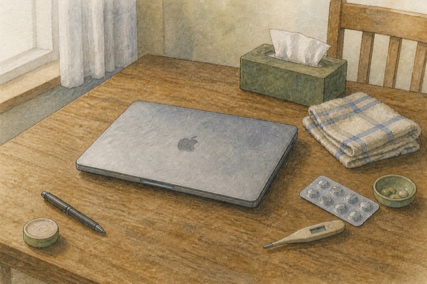 生活用品のある食卓に、閉じたMacBookと体温計が置かれた手描きの水彩画