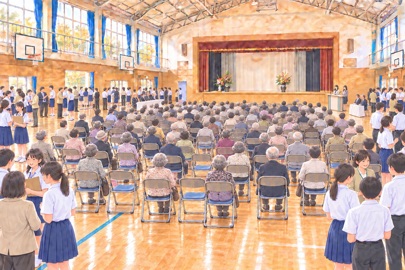 広い体育館で開かれた敬老会を描いた水彩画。舞台を向く参加者と、周囲で談笑するスタッフや中学生ボランティアがいる
