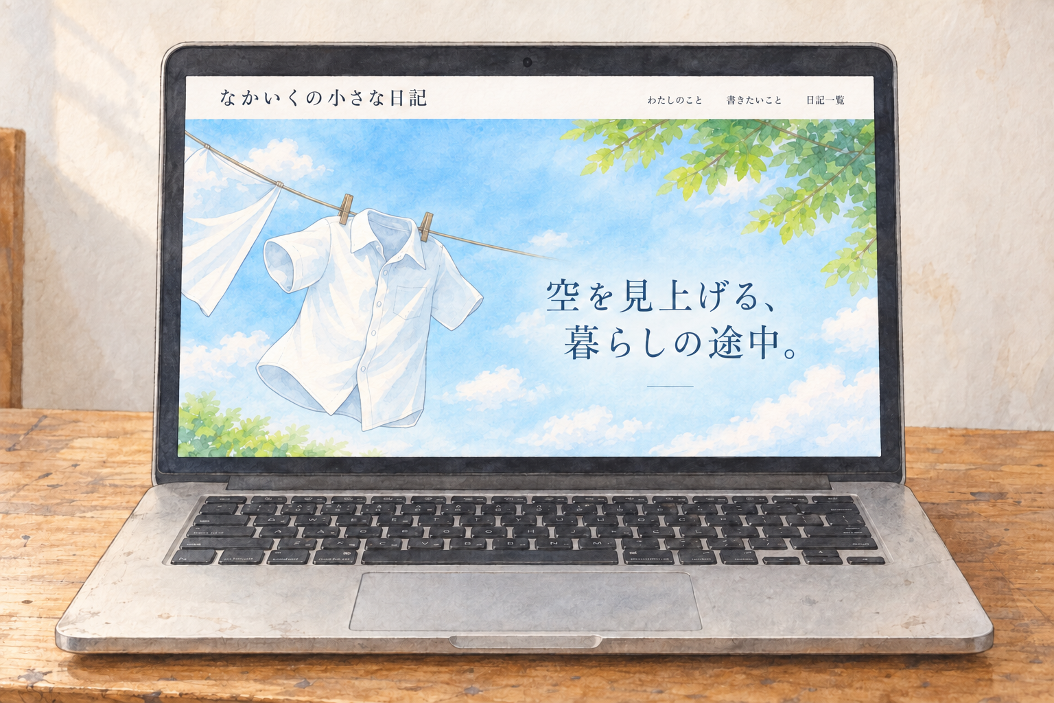 パソコンの画面に、青空と白いシャツが描かれた『なかいくの小さな日記』のトップページが映る水彩画