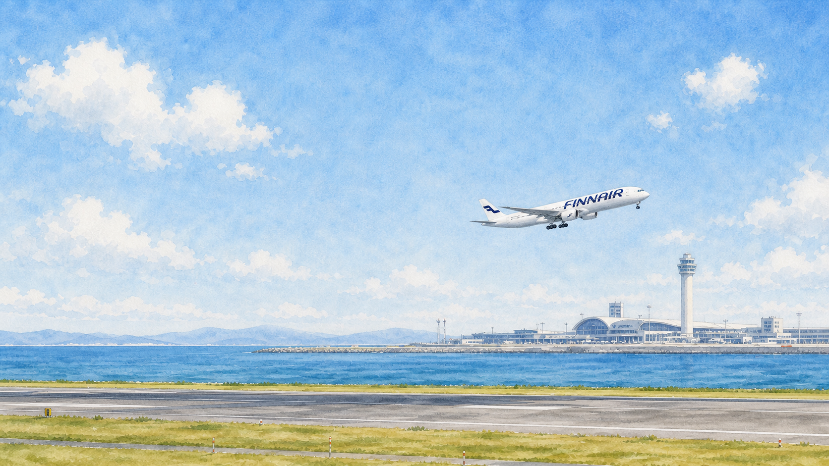 セントレアの滑走路から青空へ離陸するフィンエアーの水彩画