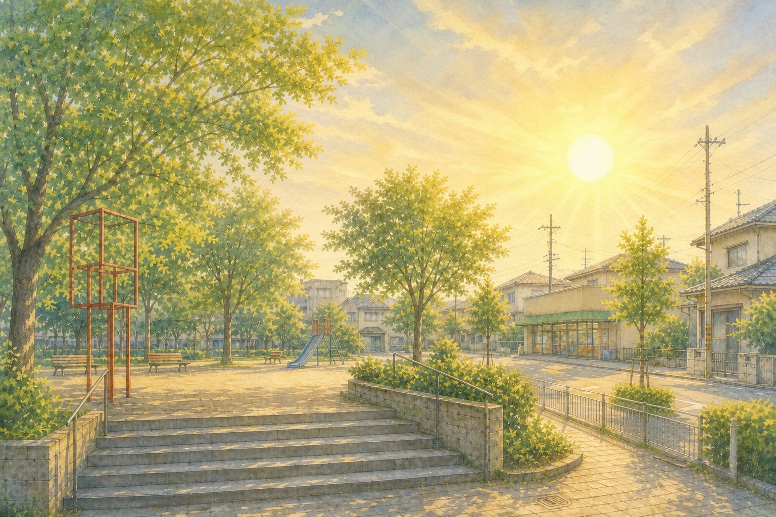 朝日が昇る佐鳴台の公園と街並みを描いた水彩画