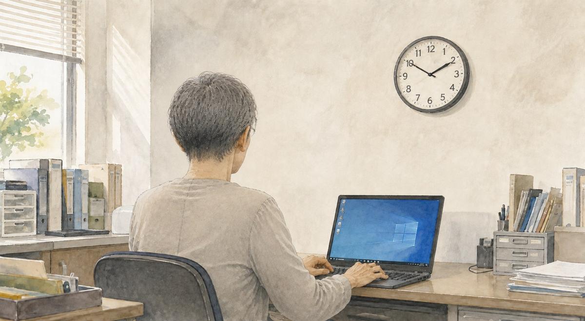 Windowsノートパソコンのキーボードに手を置き、壁の時計を気にするベリーショートの女性の後ろ姿