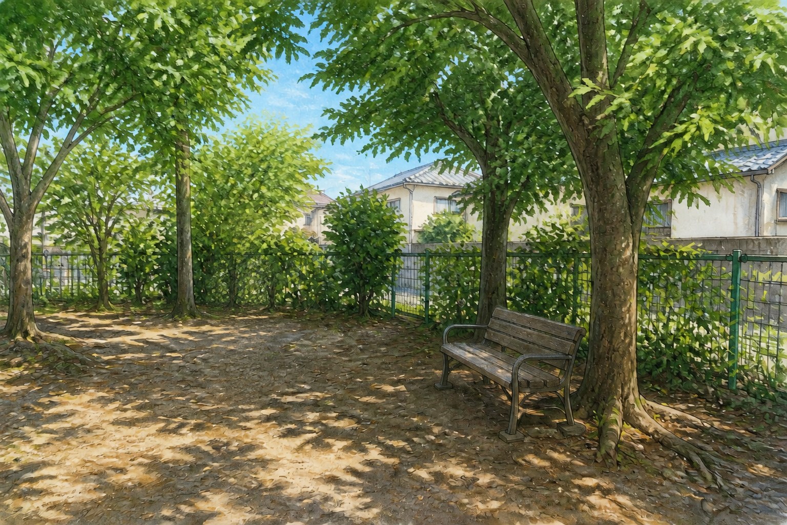 曇り空の小さな公園と、蔦や草木が少し伸びた垣根を描いた水彩画